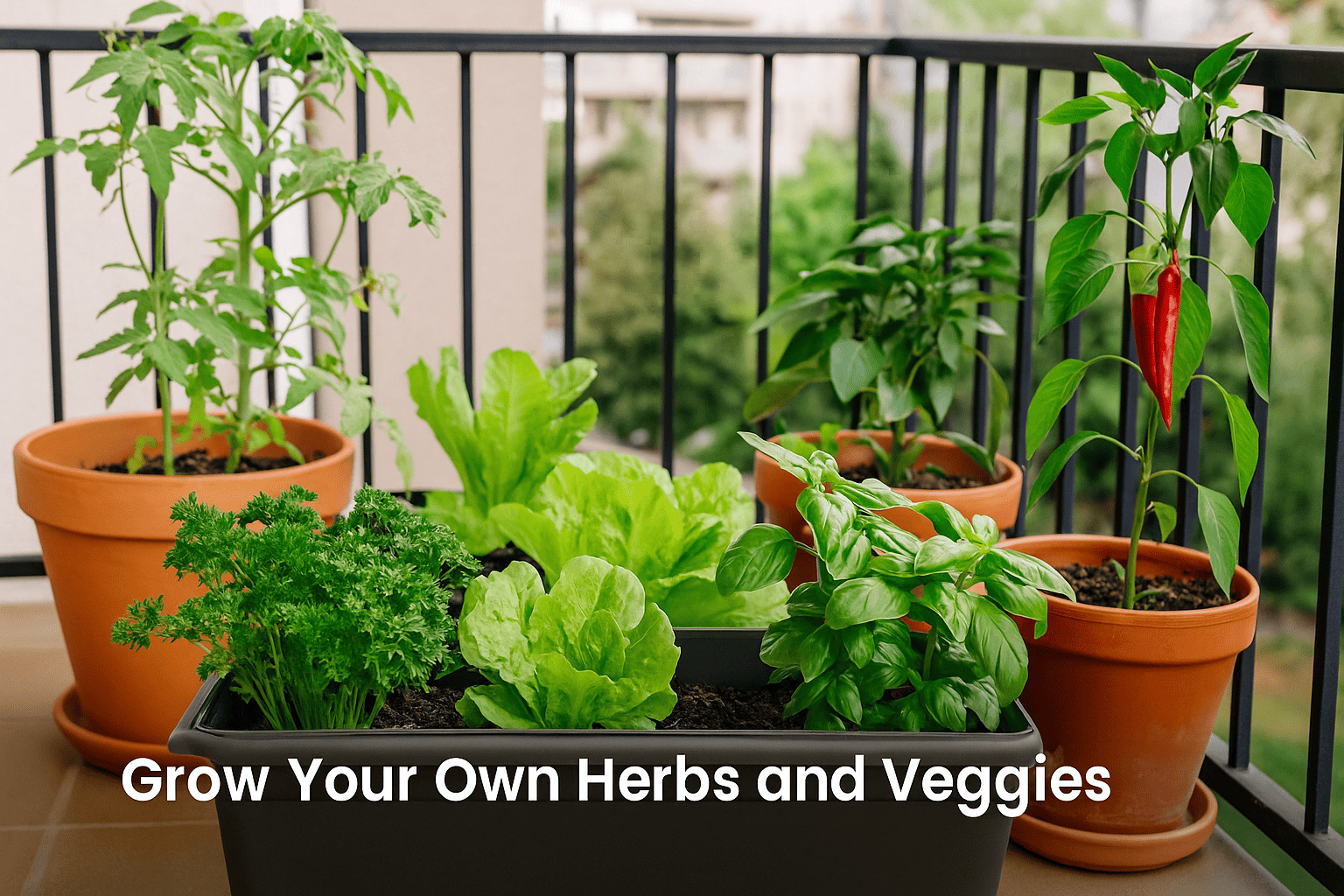 Edible balcony garden ideas with herbs and veggies thriving in containers.